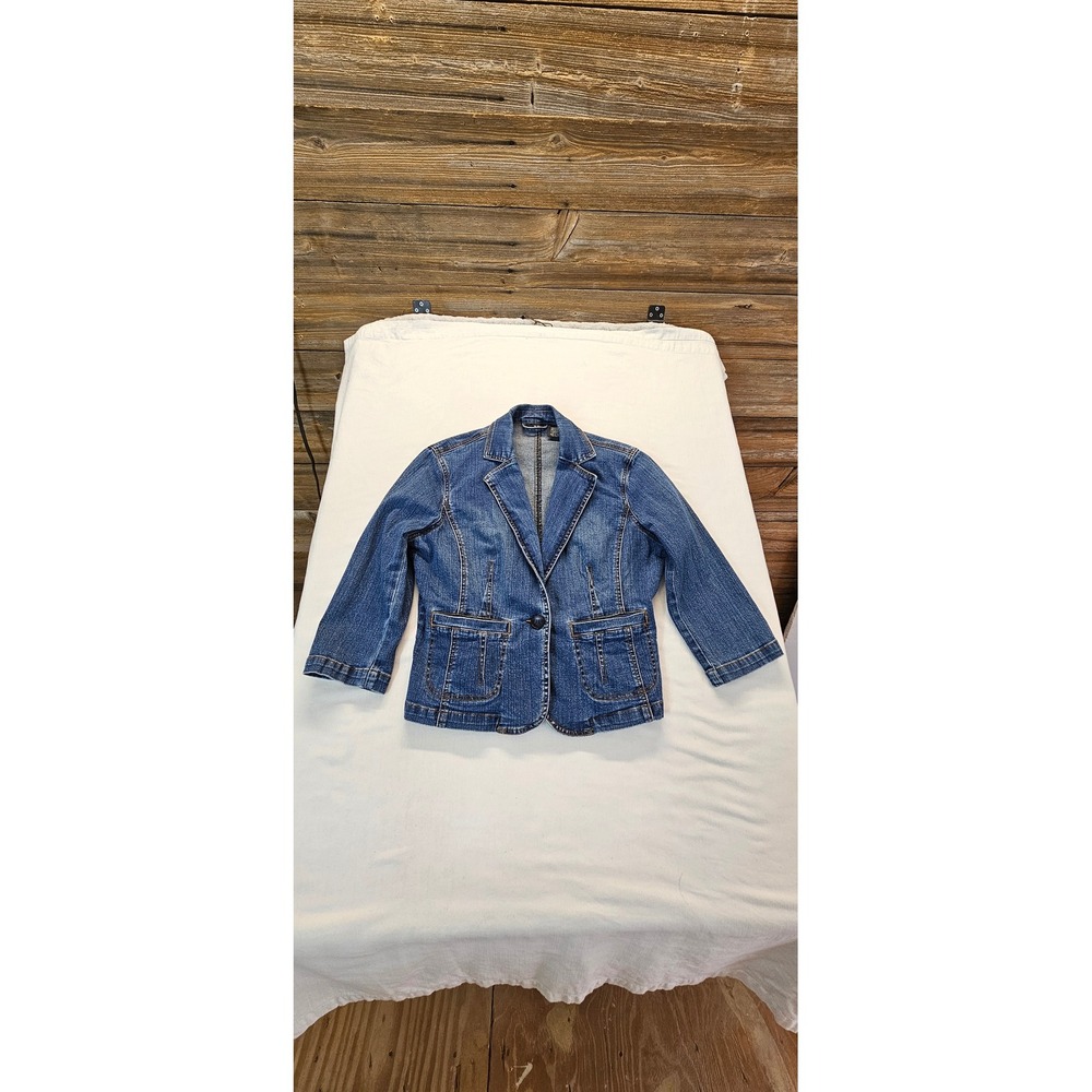 a.n.a Women Medium Wash Denim Blazer Single Button Stretch Jacket Size Medium